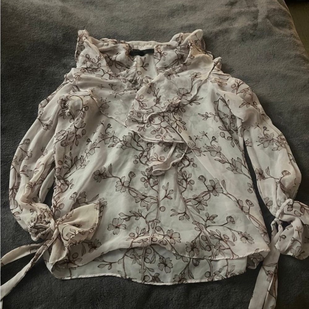 BCBG Floral Chiffon Ruffle Blouse - Pink and Brown